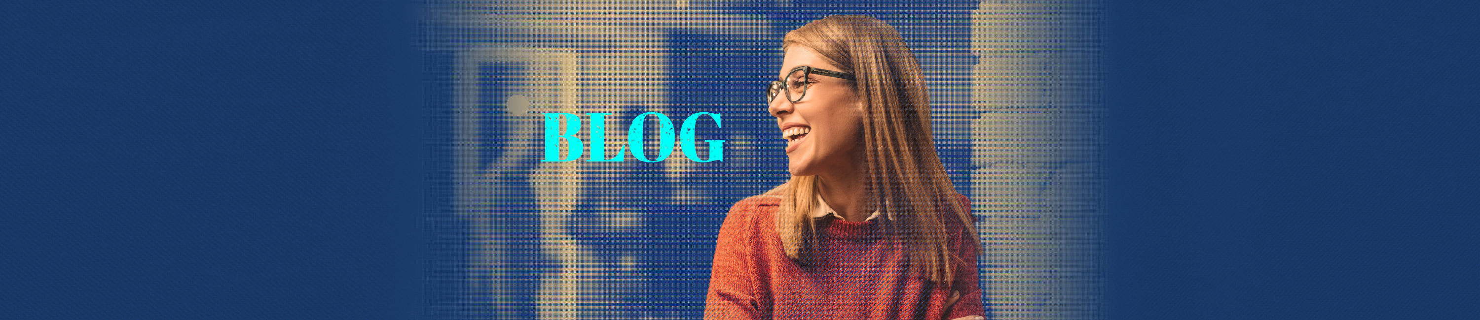 Woman smiling and reading a blog from Fidelity Bank & Trust. Words on image say blog.