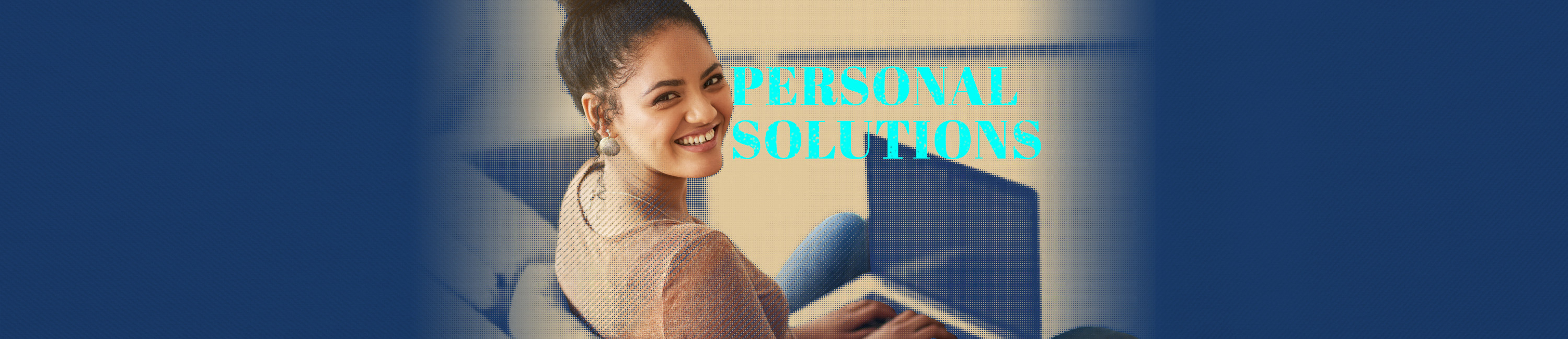 young girl smiling while using her laptop to look at her Fidelity Bank & Trust accounts. the words Personal Solutions are on the photo.