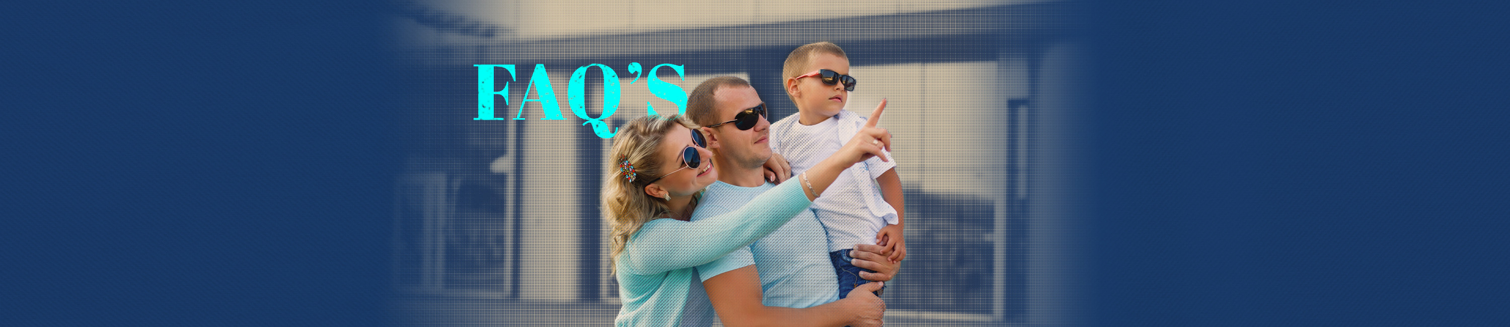 mom dad and son looking into the sky while the mom points at something. Mom and dad bank at Fidelity Bank & Trust. Word on the photo says FAQ