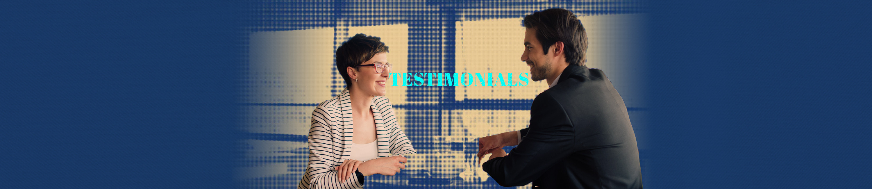 happy customer working with a person behind a desk and shaking hands to signify a  happy customer giving a testimonial. the word testimonial is on the photo.