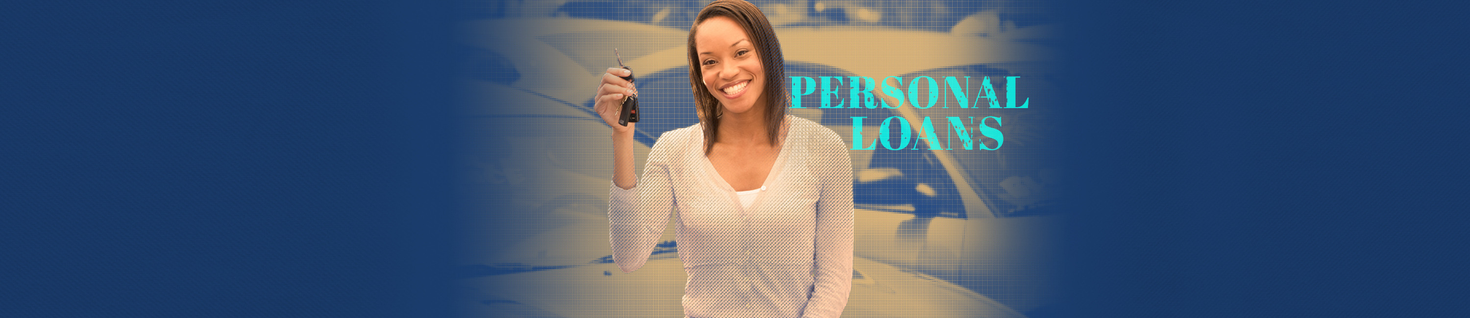 young woman smiling while at a drive through and passing money off to her teller. she is driving a new car with a personal loan from Fidelity Bank & Trust. Words on image say personal loans